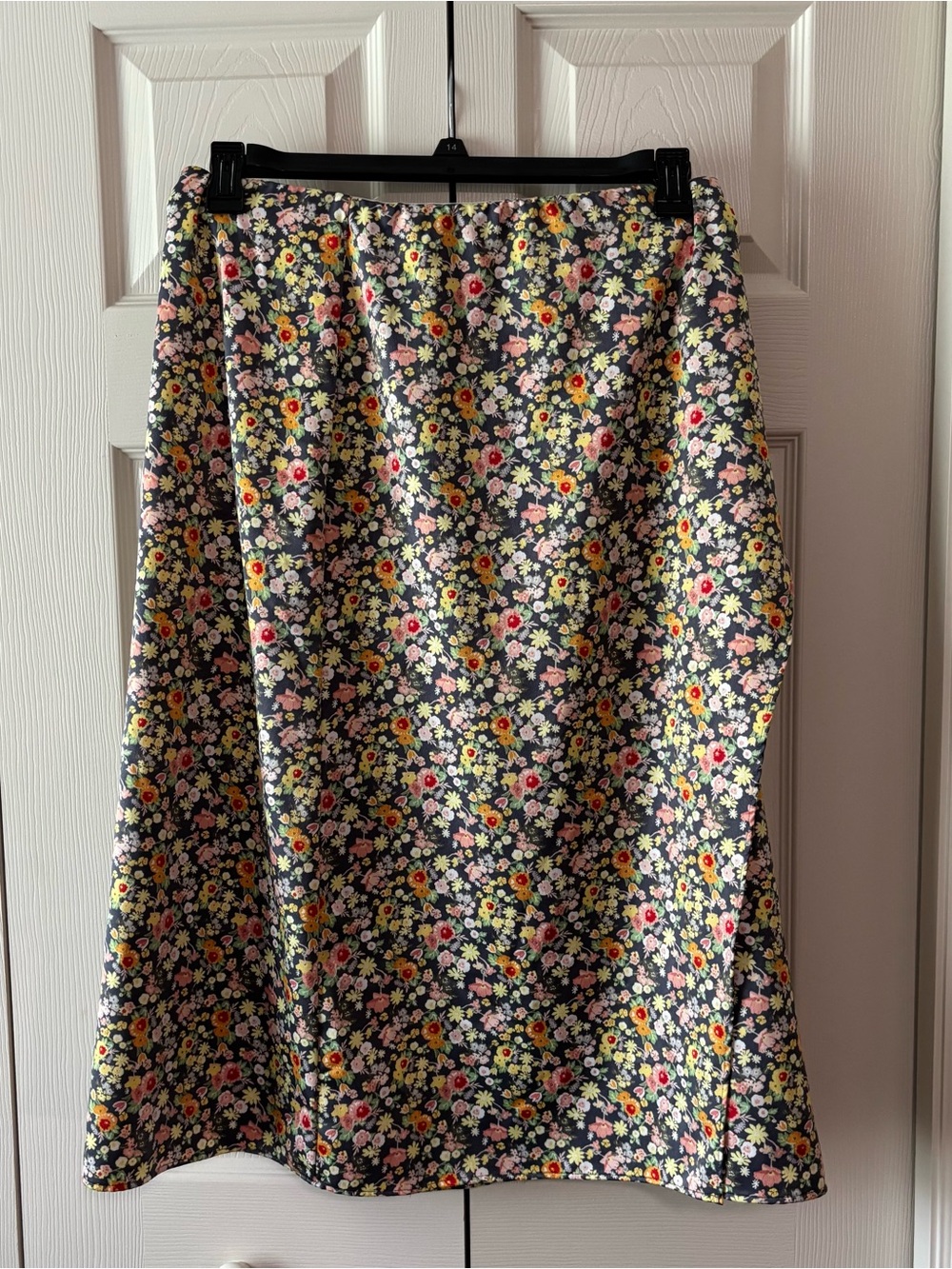 LOFT Black Floral A-Line Midi Skirt